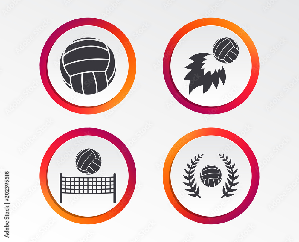 Volleyball and net icons. Winner award laurel wreath symbols. Fireball and beach sport symbol. Infographic design buttons. Circle templates. Vector