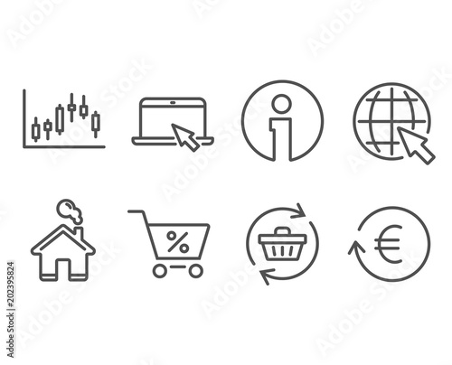 Set of Candlestick graph, Special offer and Refresh cart icons. Portable computer, Internet and Exchange currency signs. Finance chart, Discounts, Online shopping. Vector