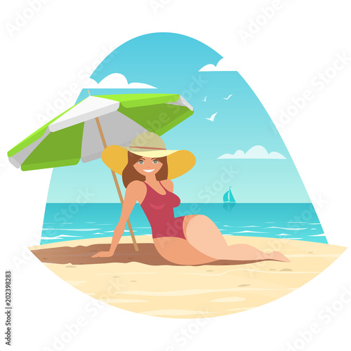 A woman in a bathing suit and hat sits under a sun umbrella on a sandy beach by the blue sea. Vector illustration.