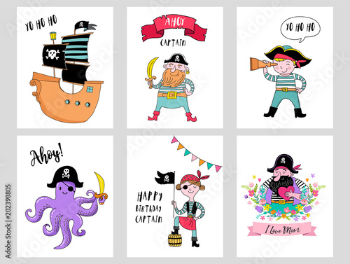 Pirate collection of hand drawn characters and icons