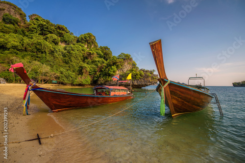 Thai longtail boats parked at the Koh Hong island in Thailand