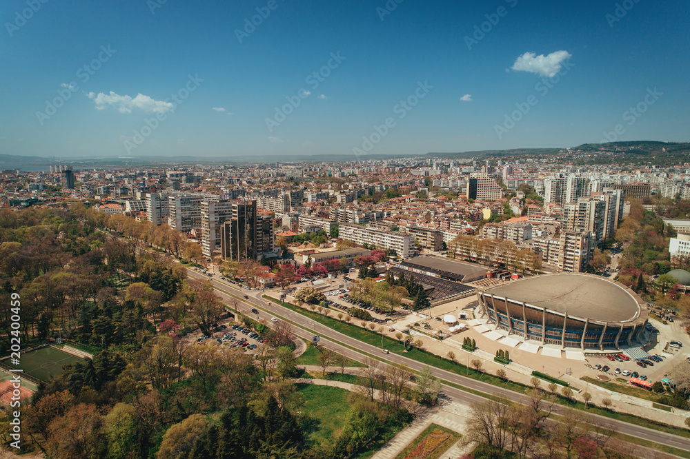 Varna. Bulgaria. 23 April 2018: Palace of Culture and Sports in Varna. Bulgaria. Aerial view over popular landmarks and sea garden