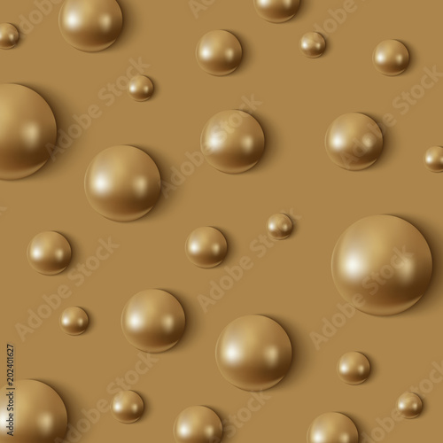 Realistic golden spheres in a gold background. Golden vector pearl pattern.