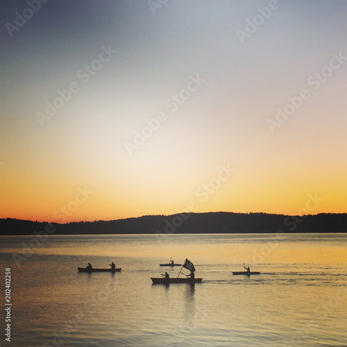 Kayaks and Canoes at Sunset on Puget Sound, WA 