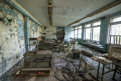 School in Ghost City of Pripyat, Chernobyl exclusion zone. Nuclear catastrophe