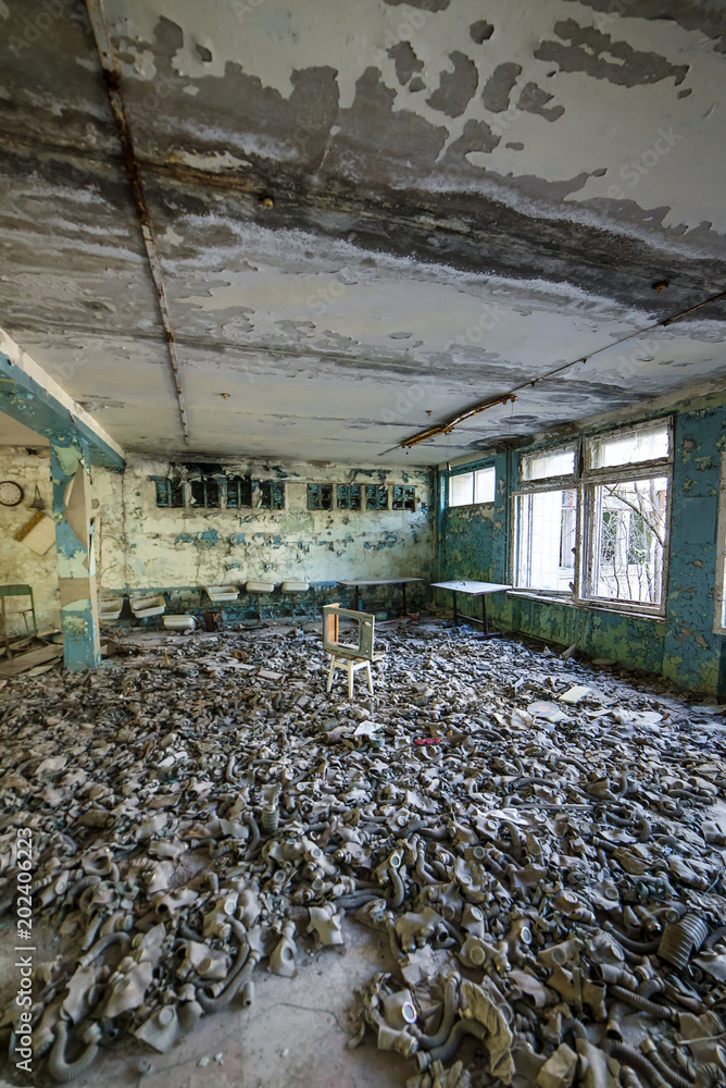 Gas masks on the floor in the middle school in Pripyat, Chernobyl exclusion  zone. Nuclear catastrophe Stock Photo | Adobe Stock