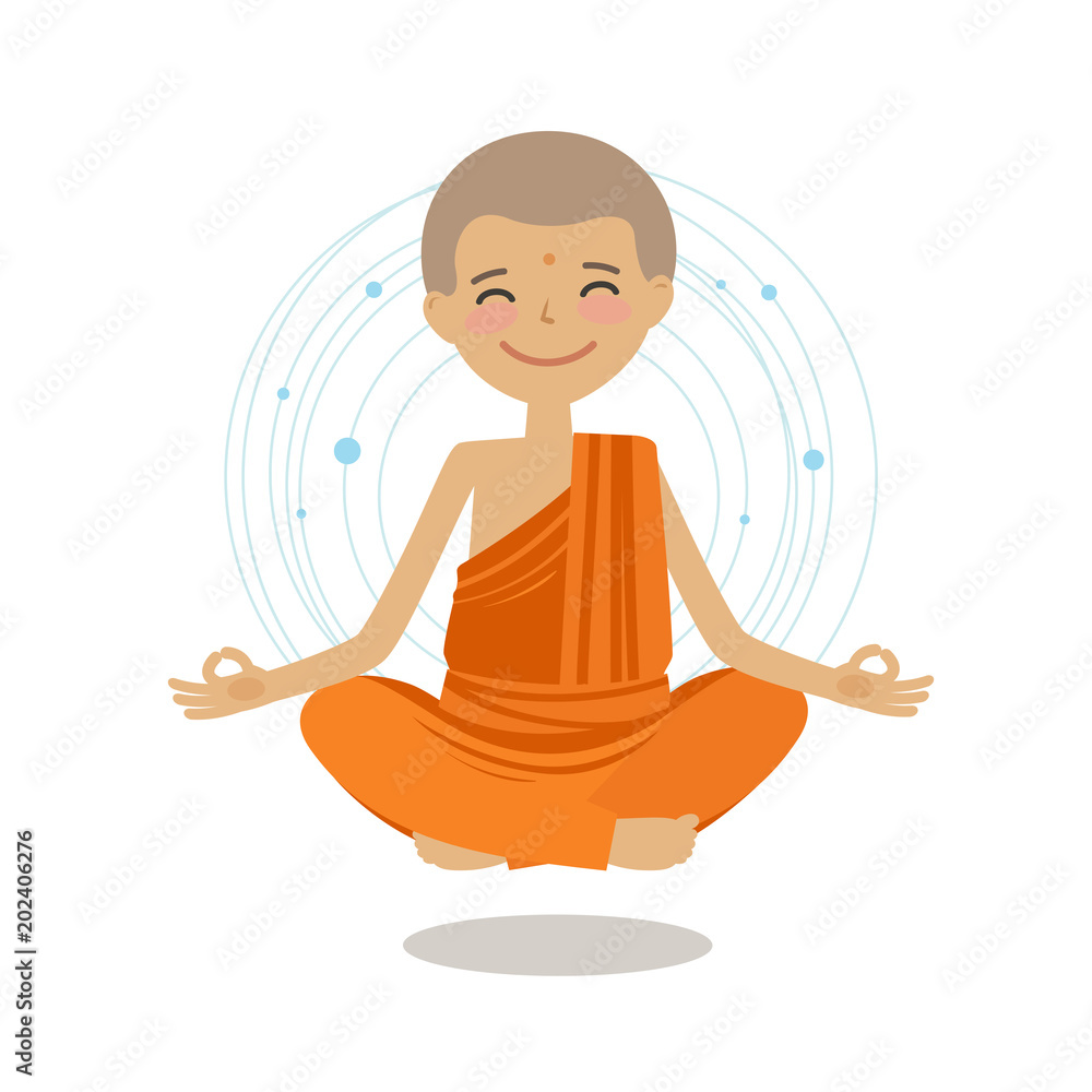 Funny buddhist monk sits in lotus position. Buddhism, yoga concept ...