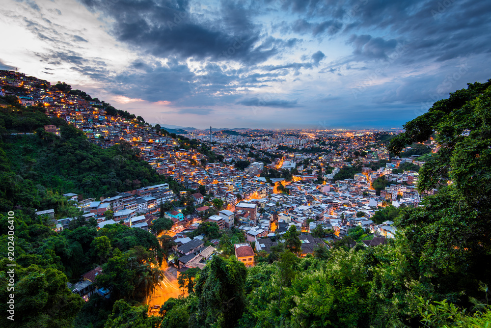 View of Rio de Janeiro Slums on the Hills by Dusk