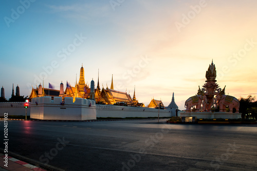 Grand palace and Wat phra keaw at sunset in Bangkok, Thailand. Wat phra keaw is famous landmark tourist attraction in Bangkok.