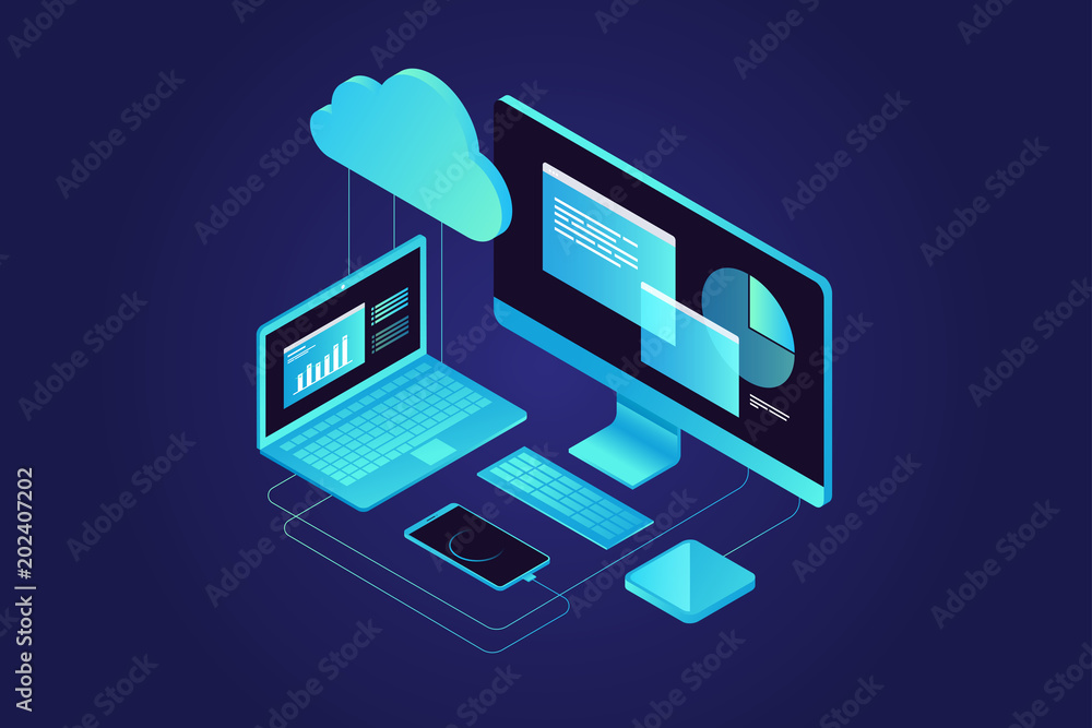 Concepts Cloud storage. Computer, laptop, smartphone on blue background. Synchronization and storage of data.3d isometric flat design. Vector illustration.
