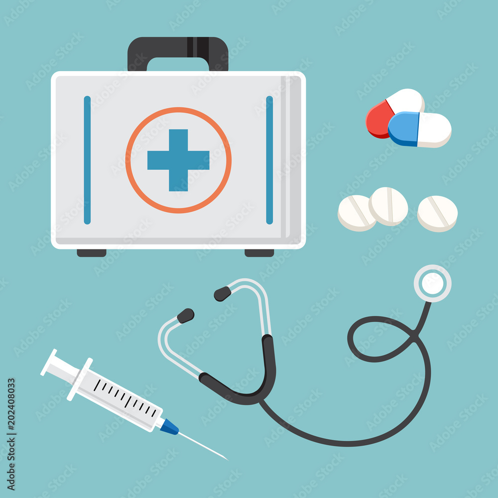 Medicine set. First aid kit, stethoscope, syringe, and pills. Vector illustration Medicine set. First aid kit, stethoscope, syringe, and pills. Vector illustration