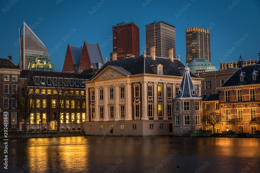 The hague famous city in the Netherlands sunset and night