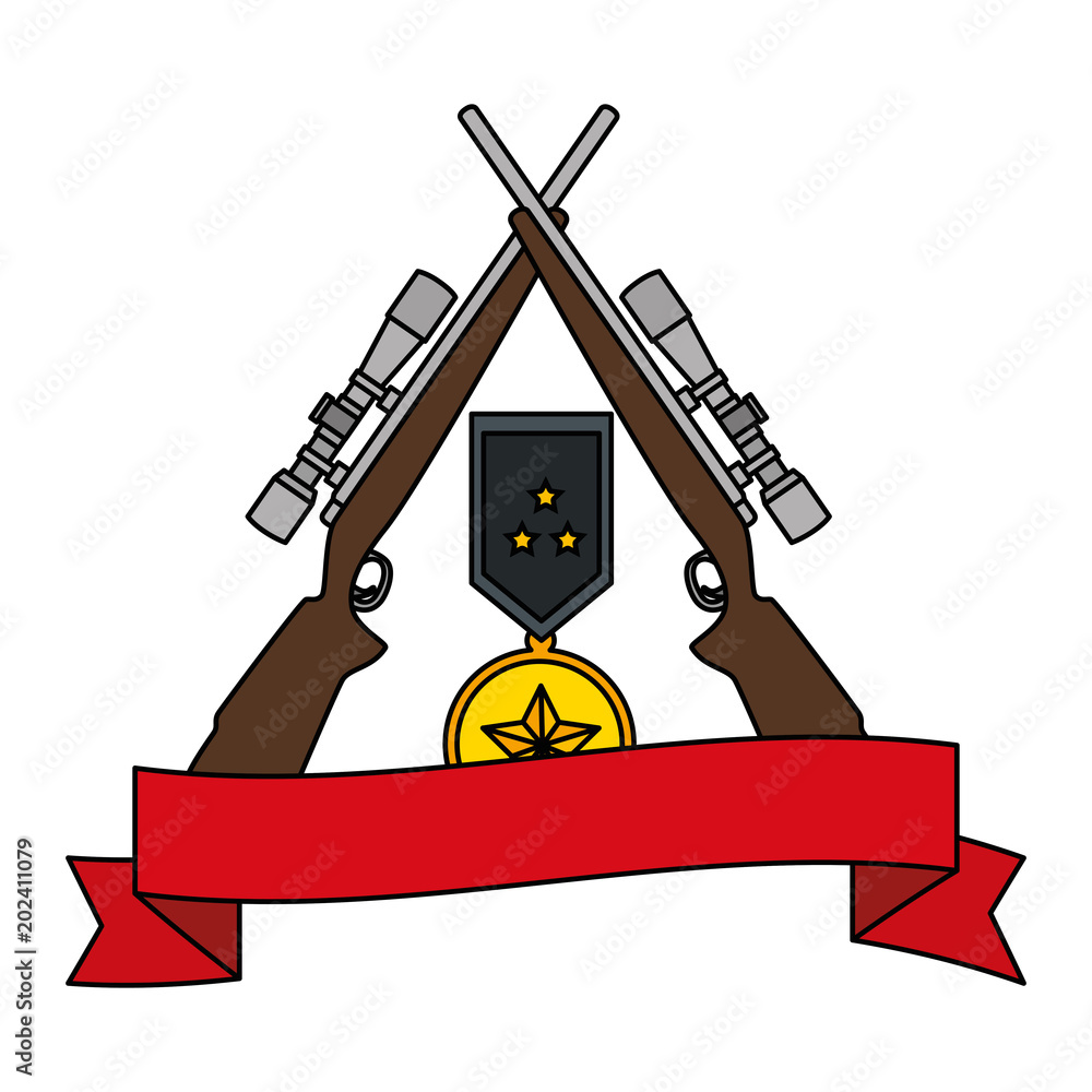 sniper rifles crossed with medal and ribbon vector illustration design ...