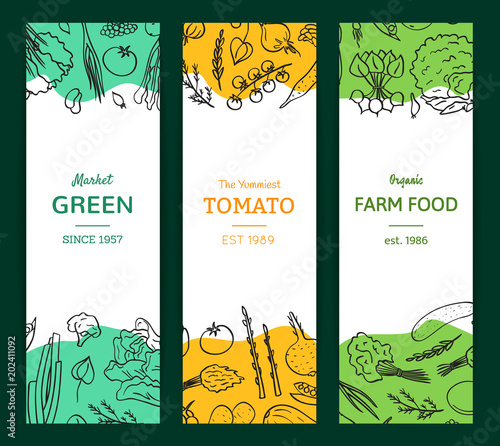 Vector hand drawn doodle vegetables icons vertical flyer or banner templates illustration