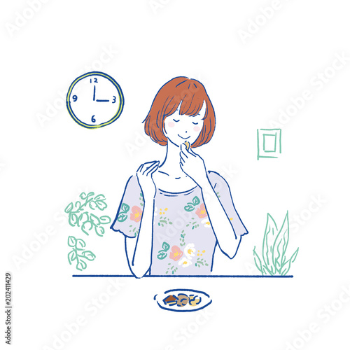 ナッツを食べる　女性　イラスト
