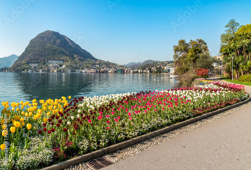 Landscape with Lake Lugano and colorful tulips in bloom from Ciani Park in springtime, Switzerland photo