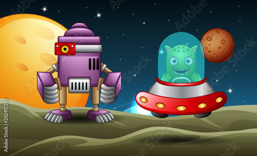 Two robot cartoon landed in moon together