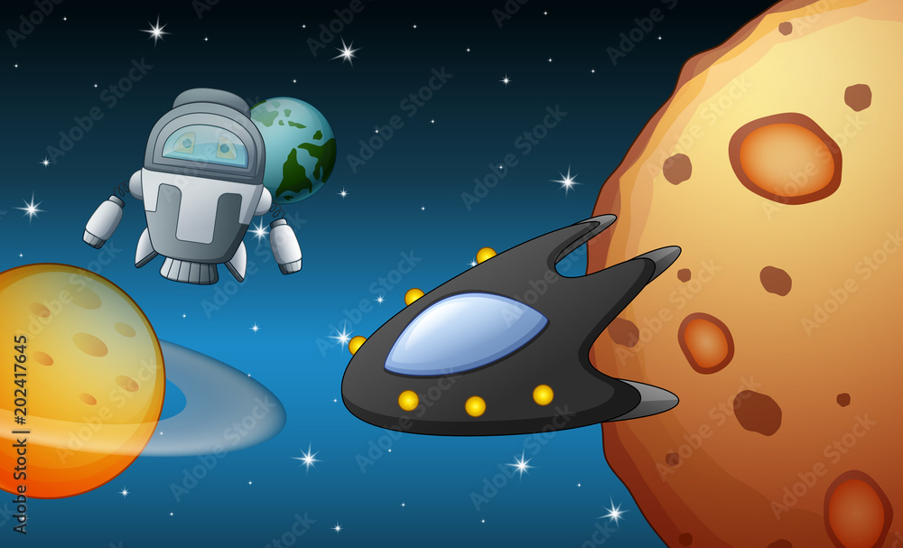 Fototapeta premium Space shuttles flying in space near planet