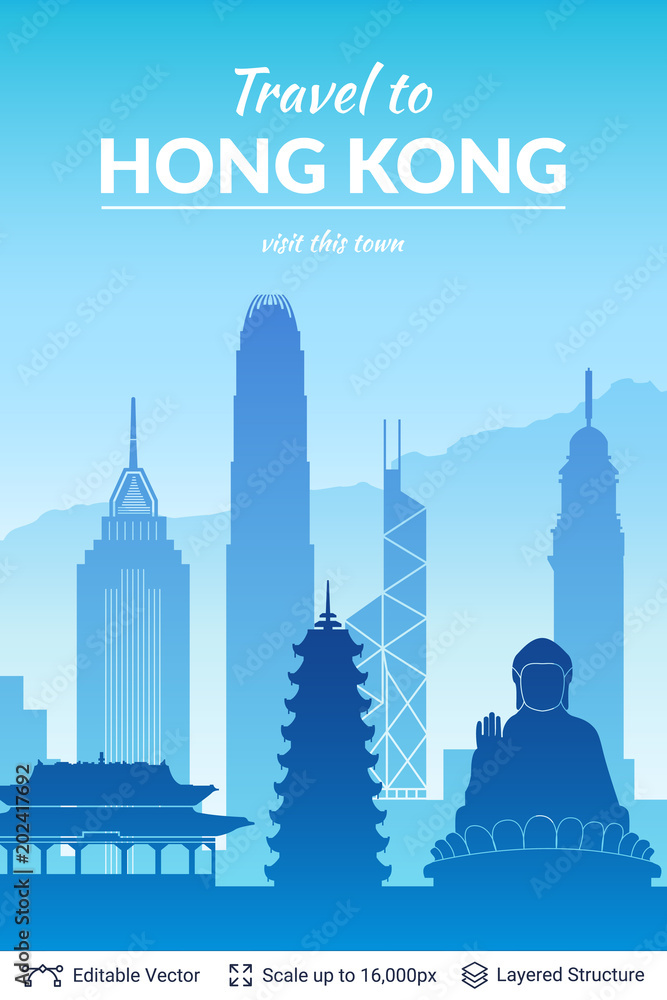Plakat Hongkong słynnego miasta scape.