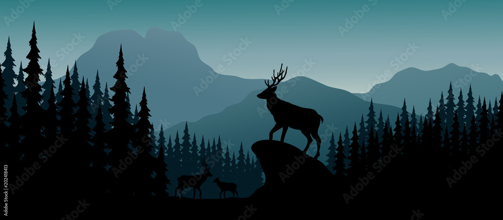 Fototapeta premium Silhouette deer in hill at night