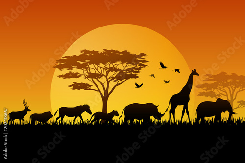Silhouette animals on savannas 