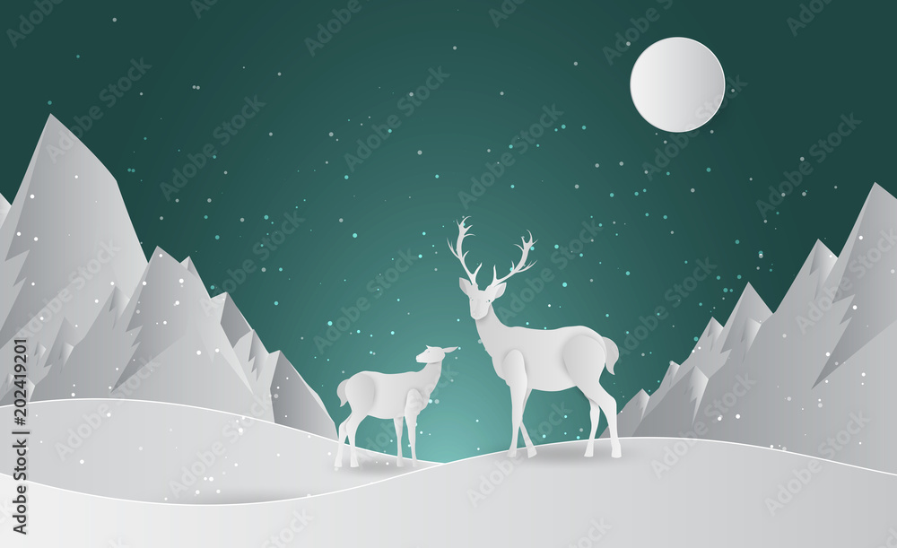Deer silhouette standing on a hill.Night full moon on the background. Animal silhouette. paper art style. Happy New Year and Merry Christmas