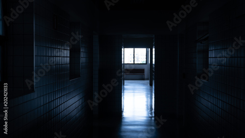 Dark corridor with a bright window at the end