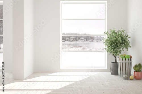 White empty room with home decoration and winter landscape in window. Scandinavian interior design. 3D illustration