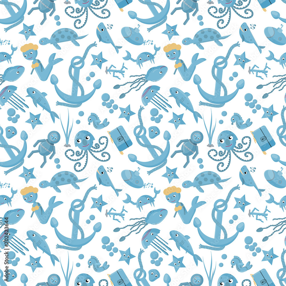 seamless pattern flat_6_illustration on the theme of marine life, underwater life, white background seamless pattern flat_6_illustration on the theme of marine life, underwater life, white background