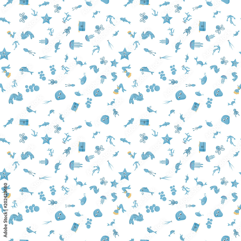 seamless pattern flat_8_illustration on the theme of marine life, underwater life, white background seamless pattern flat_8_illustration on the theme of marine life, underwater life, white background