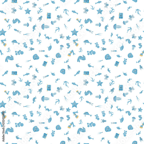 seamless pattern flat_8_illustration on the theme of marine life  underwater life  white background