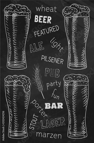 Beer featured. Beautiful illustration of stout, ale, light and lager beer on the chalkboard background