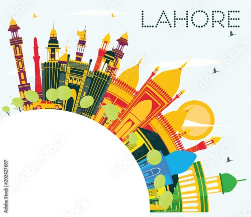 Lahore Skyline with Color Landmarks, Blue Sky and Copy Space.