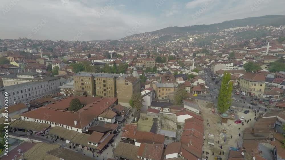 Aerial of Bascarsija Square and buildings Aerial of Bascarsija Square and buildings