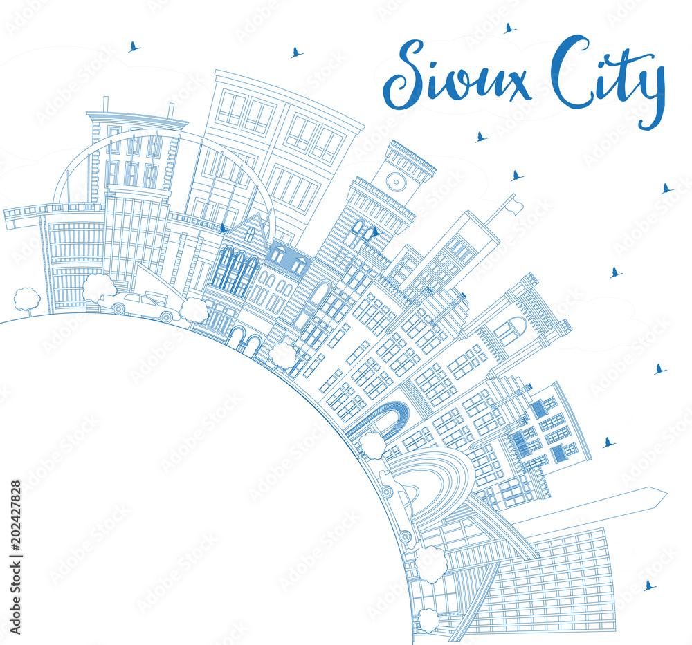 Outline Sioux City Iowa Skyline with Blue Buildings and Copy Space.