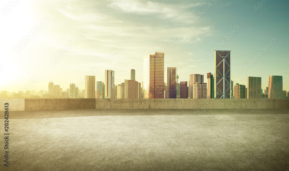 Empty asphalt carpark with modern city skyline , morning sunrise scene . Empty asphalt carpark with modern city skyline , morning sunrise scene .