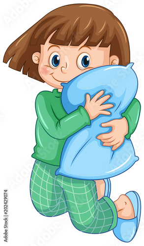 A Girl in Pajamas Hugging Pillow