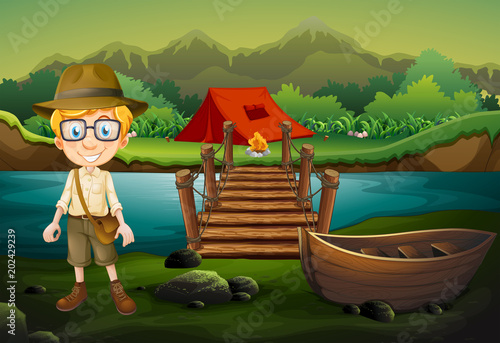 A Boy Scout Camping in Forest