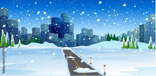 Snowy Road in Big Modern City