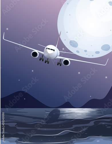 An Airplane Flying Over the Sea on Full Moon