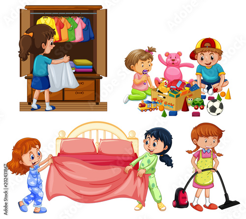 Good Children Doing Housework on White Background