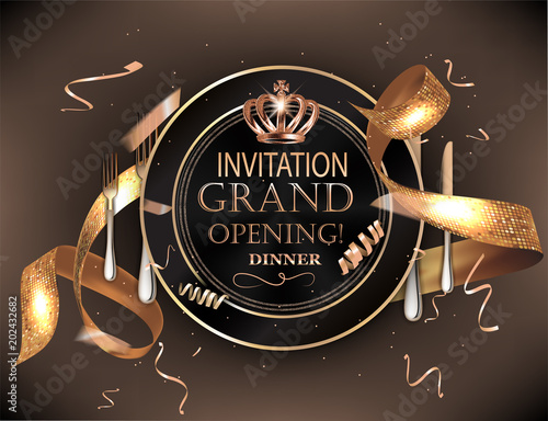 Grand opening dinner invitation card with cold confetti, plate and cutlery. Vector illustration