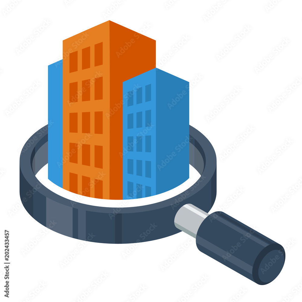 logo icon with search / review / inspection concept, for real estate / building inspector business, illustrated with magnifying glass and building logo icon with search / review / inspection concept, for real estate / building inspector business, illustrated with magnifying glass and building