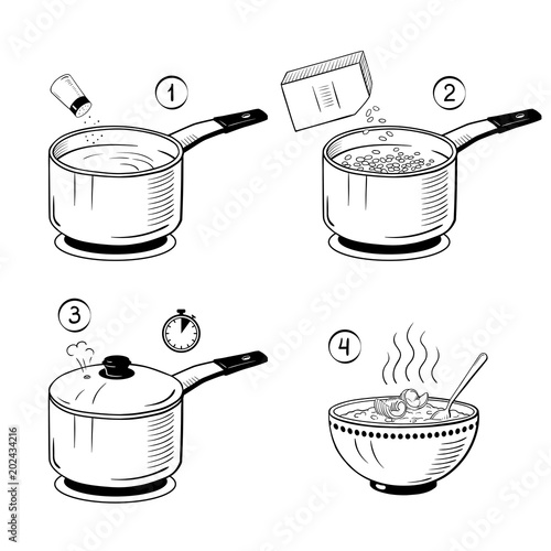 Steps how to cook porridge. Vector illustration.