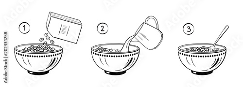Steps how to cook dry breakfast. Vector illustration.