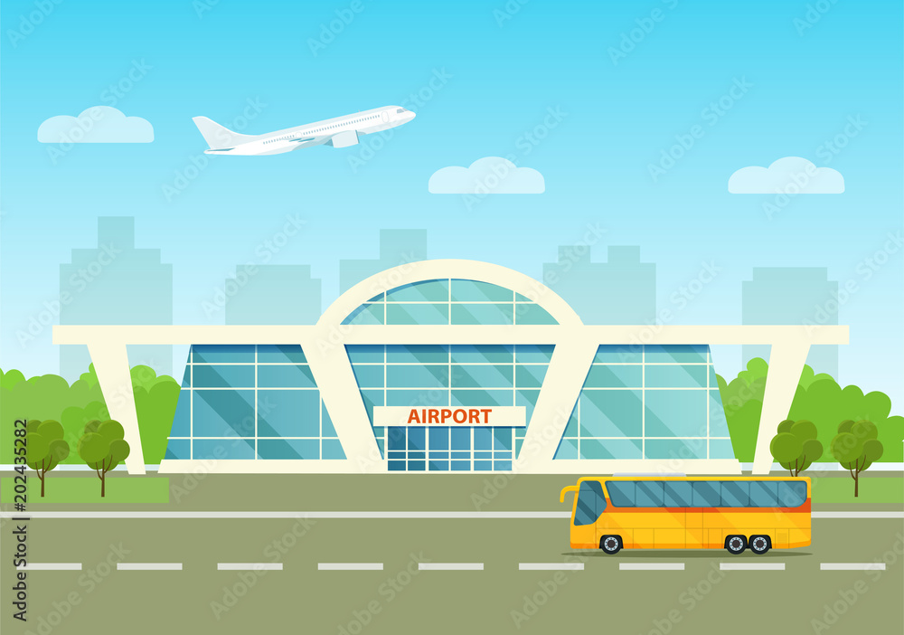 Airport building exterior with bus, airplane and city. Vector flat style illustration
