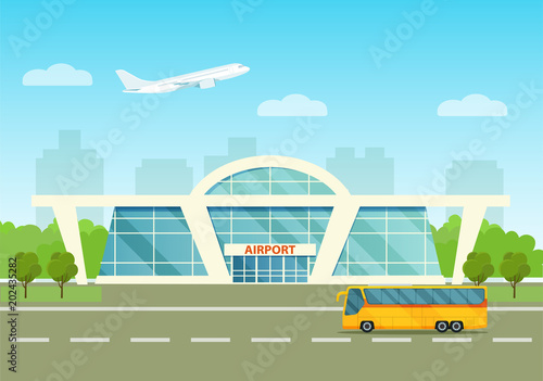 Airport building exterior with bus, airplane and city. Vector flat style illustration