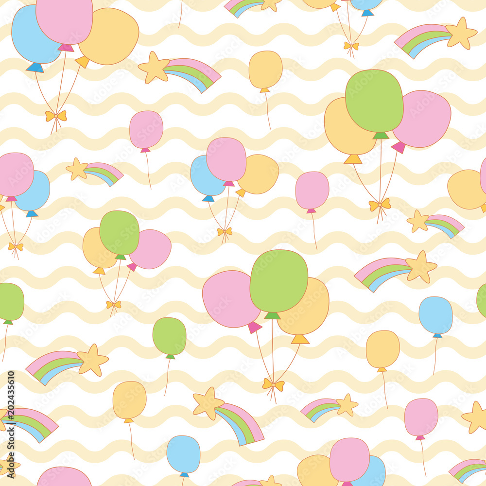Cute balloon, rainbow, star in wave background. A playful, modern, and flexible pattern for brand who has cute and fun style. Repeated pattern. Happy, bright, and magical mood.