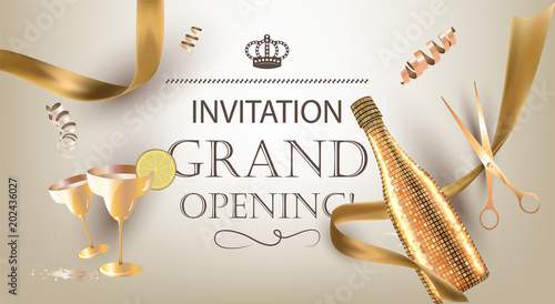 Grand opening invitation banner with golden objects. Vector illustration
