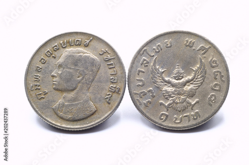 Front and back,Thai one baht collect Garuda coins year 1974.